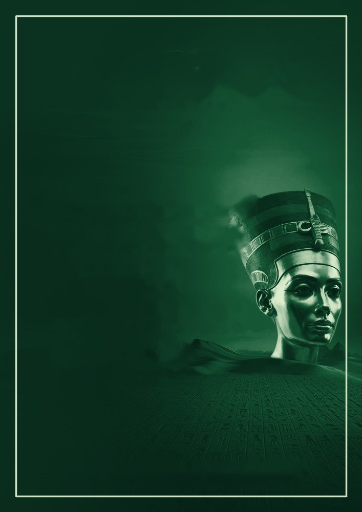 Golden bust of Nefertiti rising over a floor of hieroglyphs, rendered in deep-green duotone