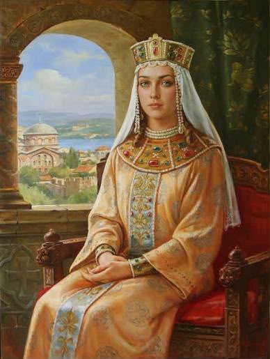 Painted portrait of a Kyivan Rus queen enthroned in a stone arcade, a domed cathedral and the river beyond her window