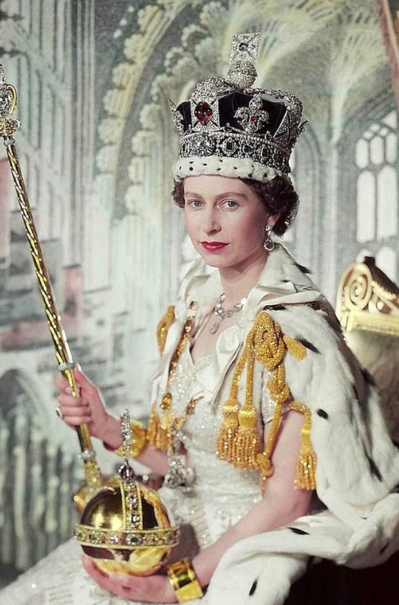 Queen Elizabeth II in coronation robes, crown, orb and sceptre